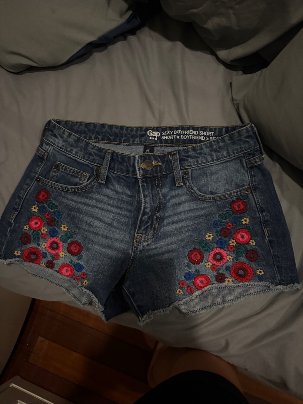 GAP Blue Denim Boyfriend Shorts with Multicolor Floral Embroidery